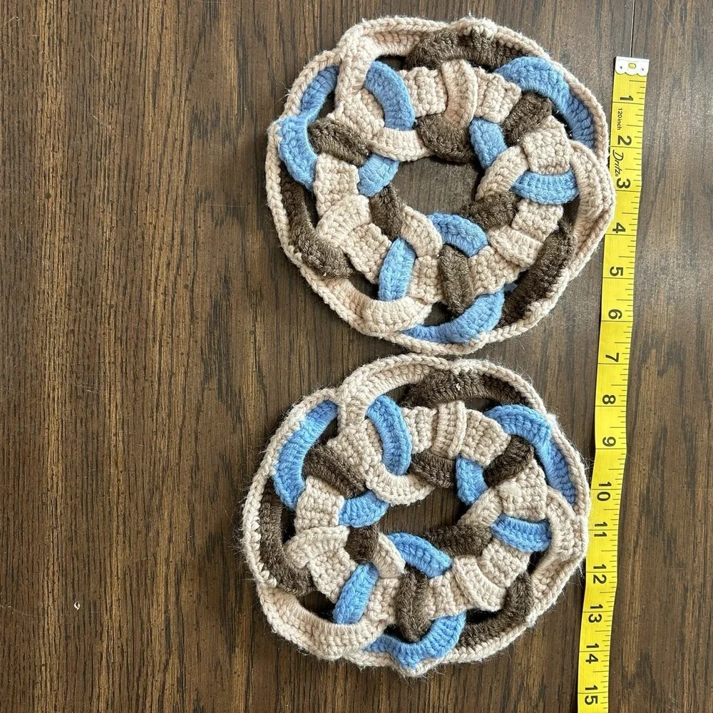 Vintage 70s Cottagecore Handmade Braided Crochet Trivet Hot Pad Set 2 Boho Folk